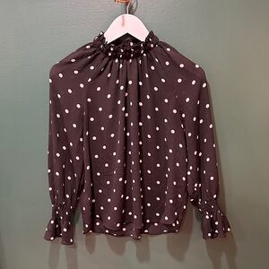 Polka Dot Smocked Neck Blouse - Black with White Dots